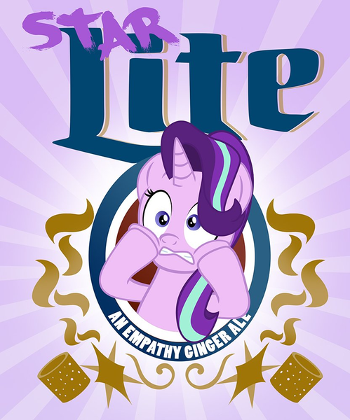 Size: 832x1000 | Tagged: safe, artist:pixelkitties, derpibooru import, starlight glimmer, pony, unicorn, alcohol, beer, ciderfest, drink, empathy cocoa, female, freaking out, image, label, logo, mare, png, pun, solo