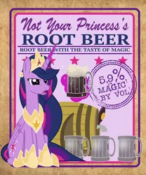 Size: 832x1000 | Tagged: safe, artist:pixelkitties, derpibooru import, princess twilight 2.0, twilight sparkle, twilight sparkle (alicorn), alicorn, pony, the last problem, alcohol, barrel, drink, female, label, levitation, magic, magic aura, mare, mug, not your father's root beer, root beer, solo, telekinesis