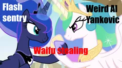 Size: 1280x720 | Tagged: safe, derpibooru import, edit, edited screencap, screencap, flash sentry, princess celestia, princess luna, pony, between dark and dawn, duo, epic hoofshake, implied cheese sandwich, meme, waifu thief, weird al yankovic