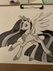 Size: 1536x2048 | Tagged: dead source, safe, artist:ohjeetorig, derpibooru import, princess twilight 2.0, twilight sparkle, twilight sparkle (alicorn), alicorn, pony, the last problem, black and white, commission example, grayscale, ink, ink drawing, monochrome, official fan art, photo, solo, traditional art