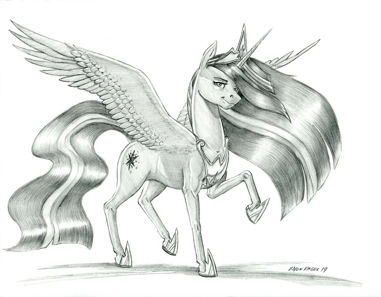 Size: 1400x1093 | Tagged: safe, artist:baron engel, derpibooru import, princess twilight 2.0, twilight sparkle, twilight sparkle (alicorn), alicorn, pony, the last problem, crown, cutie mark, female, grayscale, jewelry, looking at you, mare, monochrome, pencil drawing, peytral, regalia, simple background, smiling, solo, traditional art, white background