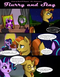 Size: 836x1075 | Tagged: safe, artist:aschenstern, derpibooru import, princess cadance, starlight glimmer, sunburst, alicorn, pony, unicorn, comic:flurry and stag, comic, funeral, sad, wreath