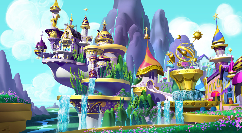 Size: 1800x994 | Tagged: 3d, artist:walter martishius, canterlot, canterlot castle, city, derpibooru import, mixed media, mountain, my little pony: the movie, no pony, orrery, safe, scenery, waterfall