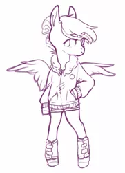 Size: 927x1280 | Tagged: safe, artist:amphoera, derpibooru import, oc, oc:venti via, pegasus, pony, semi-anthro, beanbrows, clothes, eyebrows, female, jacket, solo, spread wings, wings