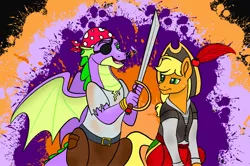 Size: 2387x1588 | Tagged: safe, artist:bellbell123, derpibooru import, applejack, spike, dragon, pony, applespike, clothes, costume, cute, eyepatch, female, halloween, halloween costume, holiday, male, older, older spike, pirate, pirate costume, shipping, straight, sword, weapon, winged spike