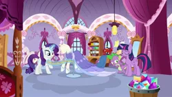 Size: 1920x1080 | Tagged: safe, derpibooru import, screencap, rarity, spike, twilight sparkle, twilight sparkle (alicorn), alicorn, dragon, pony, the last problem, clothes, coronation dress, dress, magic, mannequin, second coronation dress, winged spike