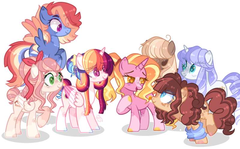 Size: 1280x792 | Tagged: safe, artist:basecbitch, artist:sugaryicecreammlp, derpibooru import, luster dawn, oc, oc:apple biscuit, oc:astral star, oc:chocolate pie, oc:rainbow wind, oc:royal crown, oc:sweet cake, alicorn, earth pony, pegasus, pony, unicorn, astralverse, base used, female, group, magical lesbian spawn, mare, next generation, offspring, parent:cheese sandwich, parent:pinkie pie, parent:rainbow dash, parent:soarin', parent:twilight sparkle, parents:cheesepie, parents:soarindash, parents:twidash, simple background, transparent background, wingding eyes