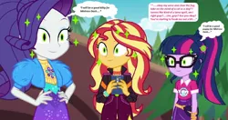 Size: 1190x628 | Tagged: safe, derpibooru import, edit, edited screencap, editor:thomasfan45, screencap, rarity, sci-twi, sunset shimmer, twilight sparkle, equestria girls, equestria girls series, festival filters, spoiler:eqg series (season 2), 1000 hours in ms paint, cat eyes, clothes, cute, dress, fanny pack, feral, geode of empathy, geode of shielding, geode of telekinesis, glasses, implied rainbow dash, jacket, magic, magical geodes, mental shift, mind control, mistress, mobile phone, music festival outfit, offscreen character, phone, ponytail, request, shirt, slit eyes, smartphone, smiling, speech bubble, spell, story included, thought bubble