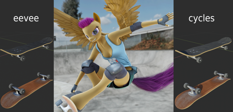 Size: 3735x1800 | Tagged: 3d, action pose, anthro, armpits, artist:stellarator, asset release, blender, bokeh, breasts, cleavage, clothes, cutie mark, cutie mark clothes, cutie mark on clothes, cycles, cycling gloves, derpibooru import, dutch angle, elbow pads, female, fingerless gloves, gloves, knee pads, mare, model download, not sfm, older, older scootaloo, pegasus, rainbow dash's cutie mark, safe, scootaloo, shorts, skateboard, skateboarding, skate park, skaterloo, solo, tanktop, unguligrade anthro