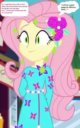 Size: 500x794 | Tagged: safe, derpibooru import, edit, edited screencap, editor:thomasfan45, screencap, fluttershy, equestria girls, equestria girls series, lost and pound, spoiler:eqg series (season 2), 1000 hours in ms paint, blank expression, cat eyes, clothes, cropped, cute, dress, feral, flower, flower in hair, geode of fauna, implied rainbow dash, magic, magical geodes, mental shift, mind control, mistress, music festival outfit, offscreen character, request, shyabetes, slit eyes, smiling, solo, speech bubble, spell, story included, text, thought bubble