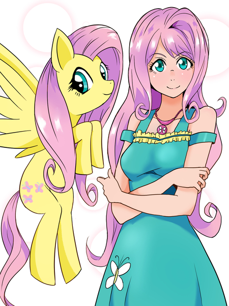 Size: 1200x1600 | Tagged: safe, artist:menko_e, derpibooru import, kotobukiya, fluttershy, human, pegasus, pony, crossed arms, cute, female, human ponidox, humanized, jewelry, kotobukiya fluttershy, looking at you, mare, necklace, pixiv, self ponidox, shyabetes, simple background, white background