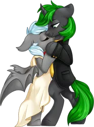 Size: 1370x1850 | Tagged: safe, artist:kellythedrawinguni, derpibooru import, oc, oc:intrepid scholar, oc:winter rose, unofficial characters only, bat pony, pony, unicorn, bipedal, clothes, dancing, dress, female, male, necktie, suit, tuxedo