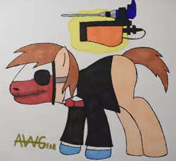 Size: 3588x3308 | Tagged: safe, artist:awgear, derpibooru import, oc, oc:polished gear, pony, clothes, drill, gloves, magic, magic aura, mask, payday, payday 2, robbery, suit, this will end in jail time, wolf (payday)