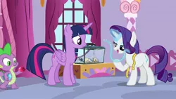 Size: 1920x1080 | Tagged: safe, derpibooru import, screencap, rarity, spike, twilight sparkle, twilight sparkle (alicorn), alicorn, pony, spider, the last problem, gem, magic, measuring tape