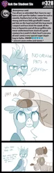 Size: 800x2548 | Tagged: safe, artist:sintakhra, derpibooru import, gallus, yona, gryphon, yak, tumblr:studentsix, ask, comic, cute, gallabetes, gallus is not amused, head pat, pat, petting, tumblr, unamused, yonadorable