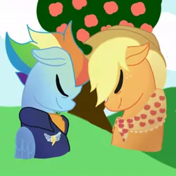 Size: 894x894 | Tagged: safe, artist:flutterlover918, derpibooru import, applejack, rainbow dash, pony, the last problem, apple, apple tree, appledash, female, food, lesbian, older, older applejack, older rainbow dash, shipping, tree