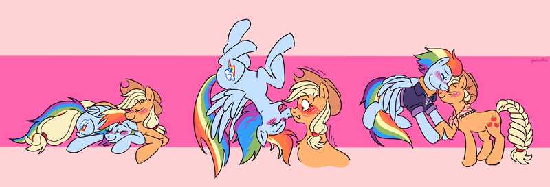 Size: 2093x713 | Tagged: safe, artist:pharosite, derpibooru import, applejack, rainbow dash, earth pony, pegasus, pony, the last problem, appledash, blushing, braided tail, clothes, cowboy hat, eyes closed, female, flying, hat, lesbian, mare, older, older applejack, older rainbow dash, scarf, shipping, sleeping