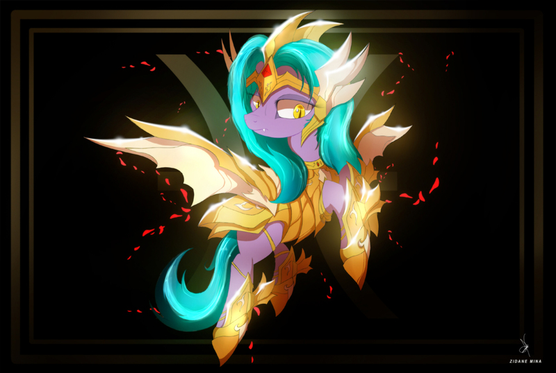 Size: 1680x1130 | Tagged: safe, artist:zidanemina, derpibooru import, oc, oc:purple shade, unofficial characters only, pony, anime, armor, crossover, female, gold armor, mare, pisces, saint seiya, scepter, signature, smiling, solo, wings, yellow eyes