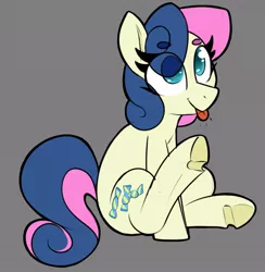 Size: 921x942 | Tagged: safe, artist:lockheart, derpibooru import, bon bon, sweetie drops, earth pony, pony, :p, adorabon, beanbrows, cute, eye clipping through hair, eyebrows, eyebrows visible through hair, female, gray background, mare, simple background, sitting, solo, tongue out, underhoof