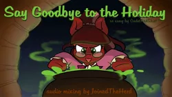 Size: 1192x670 | Tagged: safe, artist:cadetredshirt, derpibooru import, oc, oc:cadetpone, unofficial characters only, earth pony, pony, cauldron, clothes, cover art, determined, glasses, say goodbye to the holiday, simple background, solo, song reference, text, thumbnail