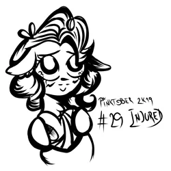 Size: 2963x2966 | Tagged: safe, artist:coco-drillo, derpibooru import, pinkie pie, earth pony, pony, bandage, bandaid, blushing, chest fluff, ear fluff, floppy ears, heart, injured, inktober, monochrome, pinktober, solo, swirly mane, teary eyes