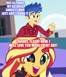 Size: 1196x1392 | Tagged: safe, derpibooru import, edit, edited screencap, screencap, flash sentry, sunset shimmer, cheer you on, equestria girls, equestria girls series, wake up!, spoiler:eqg series (season 2), female, flashimmer, geode of empathy, magical geodes, male, meme, shipping, straight, wake up!: pinkie pie