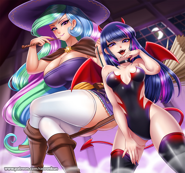 Size: 1071x1000 | Tagged: artist:racoonsan, big breasts, breasts, broom, busty princess celestia, busty twilight sparkle, clothes, derpibooru import, devil, devil costume, devil horns, dork, female, flying, flying broomstick, halloween, hat, holiday, horn, huge breasts, human, humanized, jewelry, leotard, looking at you, moon, necklace, petting, princess celestia, sexy, socks, stockings, stupid sexy celestia, stupid sexy twilight, succubus, suggestive, thigh highs, twilight sparkle, underass, wand, wings, witch, witch hat