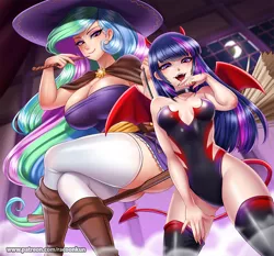 Size: 1071x1000 | Tagged: artist:racoonsan, big breasts, breasts, broom, busty princess celestia, busty twilight sparkle, clothes, derpibooru import, devil, devil costume, devil horns, dork, female, flying, flying broomstick, halloween, hat, holiday, horn, huge breasts, human, humanized, jewelry, leotard, looking at you, moon, necklace, petting, princess celestia, sexy, socks, stockings, stupid sexy celestia, stupid sexy twilight, succubus, suggestive, thigh highs, twilight sparkle, underass, wand, wings, witch, witch hat