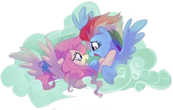 Size: 1280x817 | Tagged: safe, artist:virtualkidavenue, derpibooru import, fluttershy, rainbow dash, pegasus, pony, the last problem, bust, eye contact, female, flutterdash, lesbian, looking at each other, mare, older, older fluttershy, older rainbow dash, profile, shipping, spread wings, teary eyes, wings