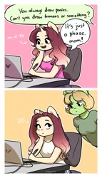 Size: 1300x2274 | Tagged: safe, artist:katputze, derpibooru import, oc, oc:crimson sunset, unofficial characters only, anthro, unicorn, anthro oc, braces, caught, clothes, comic, computer, drawing, drawing tablet, female, it's a phase, it's not a phase, laptop computer, mare, mom, mother and child, mother and daughter, ponysona, shirt, sitting, stylus, t-shirt, teenager, then and now, younger