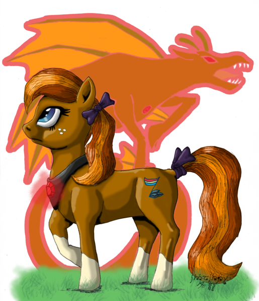 Size: 2550x2971 | Tagged: safe, artist:edhelistar, derpibooru import, oc, oc:allegro shine, unofficial characters only, pony, siren, fanfic:continuity saga, bow, disguise, disguised siren, freckles, gem, grass, hair bow, looking away, mixed media, pun, simple background, siren gem, siren oc, socks (coat marking), solo, tail bow, transparent background, visual pun
