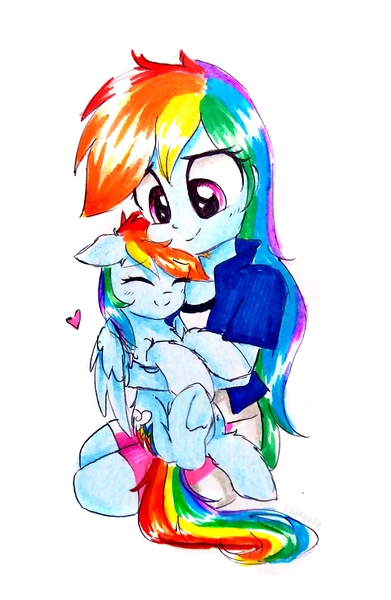 Size: 2279x3498 | Tagged: safe, artist:liaaqila, derpibooru import, rainbow dash, pegasus, pony, equestria girls, cuddling, cute, dashabetes, eyes closed, heart, high res, holding a pony, human ponidox, leg fluff, self ponidox, smol, traditional art