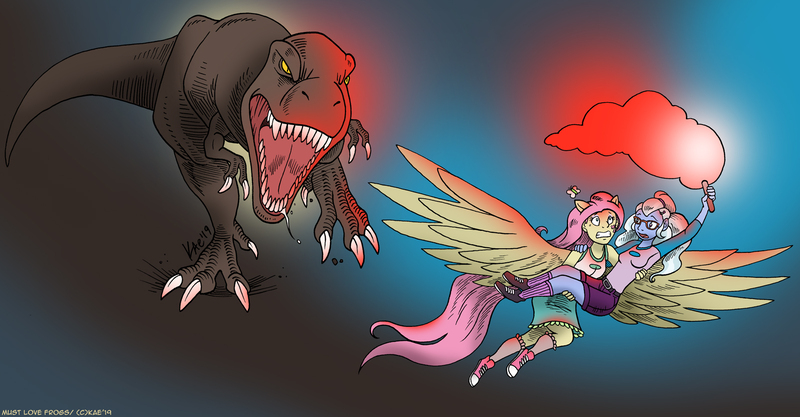 Size: 1600x833 | Tagged: safe, artist:kaemantis, deleted from derpibooru, derpibooru import, fluttershy, sugarcoat, dinosaur, human, tyrannosaurus rex, equestria girls, clothes, commission, converse, crossover, flying, gradient background, humanized, jurassic park, pony ears, shoes, spread wings, tail, winged humanization, wings