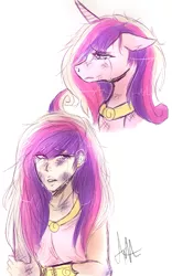 Size: 739x1182 | Tagged: safe, artist:royalroyale, derpibooru import, princess cadance, alicorn, human, pony, a canterlot wedding, bruised, bust, crying, female, human ponidox, humanized, image, injured, mare, messy hair, messy mane, png, scene interpretation, self ponidox, signature, simple background, white background