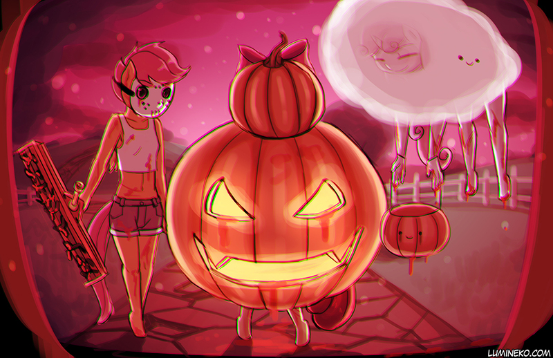 Size: 1158x750 | Tagged: alternate version, anthro, apple bloom, apple buruma project, artist:lumineko, belly button, blood, clothes, costume, cutie mark crusaders, derpibooru import, halloween, halloween costume, holiday, jack-o-lantern, jason voorhees, midriff, pumpkin, pumpkin bucket, scootaloo, semi-grimdark, sweetie belle, tanktop, unguligrade anthro