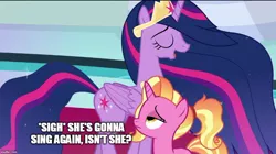 Size: 888x499 | Tagged: safe, derpibooru import, edit, edited screencap, screencap, luster dawn, princess twilight 2.0, twilight sparkle, twilight sparkle (alicorn), alicorn, pony, unicorn, the last problem, carpet, crown, dialogue, duo, eyes closed, female, jewelry, lidded eyes, luster dawn is not amused, mare, meme, mid-blink screencap, older, older twilight, open mouth, regalia, teacher and student, text, throne room