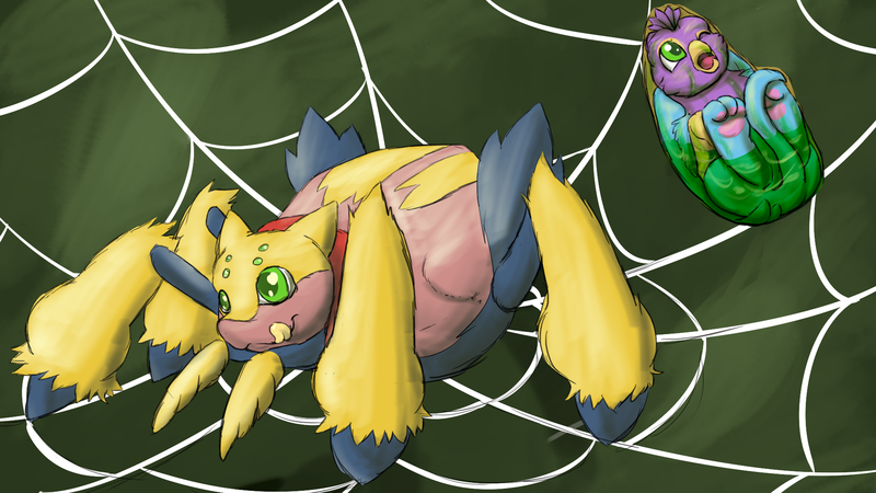 Size: 1920x1080 | Tagged: questionable, artist:gyrotech, artist:silent-e, deleted from derpibooru, derpibooru import, oc, oc:gyro feather, oc:gyro tech, oc:thoshan, unofficial characters only, gryphon, spider, fetish, galvantula, griffonized, internal, male, pokémon, predation, species swap, stomach, vore