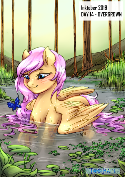 Size: 2149x3035 | Tagged: safe, artist:tokokami, derpibooru import, fluttershy, butterfly, pegasus, pony, cute, female, inktober, inktober 2019, lilypad, mare, outdoors, pond, shyabetes, solo, wet, wet mane