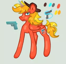 Size: 886x866 | Tagged: safe, artist:hunterthewastelander, derpibooru import, oc, oc:ricochet, unofficial characters only, alicorn, pony, fallout equestria, alicorn oc, glowing horn, gun, horn, magic, male, reference sheet, solo, stallion, telekinesis, weapon, wings