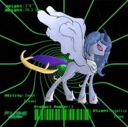 Size: 448x446 | Tagged: safe, artist:spqr21, derpibooru import, princess luna, absol, alicorn, lunala, pony, swablu, abstract background, barcode, crossover, ethereal mane, female, fusion, hoof shoes, mare, metal claws, peytral, pokémon, solo, starry mane, story included