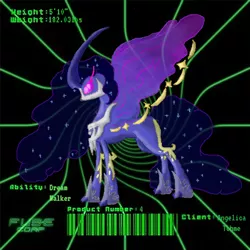 Size: 448x448 | Tagged: safe, artist:spqr21, derpibooru import, nightmare moon, absol, alicorn, pony, swablu, abstract background, barcode, cosmog, crossover, curved horn, ethereal mane, female, fusion, hoof shoes, horn, mare, metal claws, peytral, pokémon, starry mane, story included