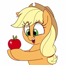 Size: 1400x1400 | Tagged: safe, artist:notenoughapples, derpibooru import, applejack, earth pony, pony, apple, cute, eye clipping through hair, female, food, jackabetes, mare, open mouth, simple background, solo, that pony sure does love apples, white background