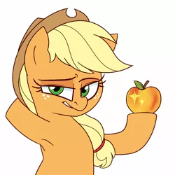 Size: 1400x1400 | Tagged: safe, artist:notenoughapples, derpibooru import, applejack, earth pony, pony, apple, armpits, bedroom eyes, female, food, mare, simple background, solo, white background