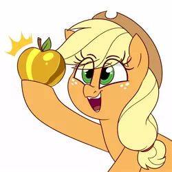 Size: 1400x1400 | Tagged: safe, artist:notenoughapples, derpibooru import, applejack, earth pony, pony, apple, cute, eye clipping through hair, female, food, golden apple, jackabetes, mare, open mouth, simple background, solo, white background