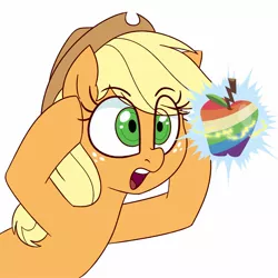 Size: 1400x1400 | Tagged: safe, artist:notenoughapples, derpibooru import, applejack, earth pony, pony, apple, eye clipping through hair, female, food, mare, open mouth, shocked, simple background, solo, white background, zap apple