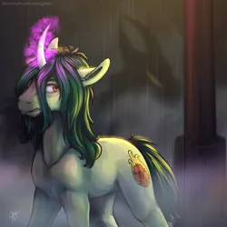 Size: 2500x2500 | Tagged: safe, artist:yarugreat, derpibooru import, oc, oc:terry, unofficial characters only, pony, unicorn, curved horn, high res, horn, male, rain, signature, solo, stallion