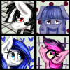 Size: 100x100 | Tagged: grimdark, artist:lixthefork, derpibooru import, oc, oc:antilia, oc:cosmia nebula, oc:white lie, oc:wtf, unofficial characters only, pony, animated, black sclera, blinking, blood, bust, crying, face mask, female, gif, gif for breezies, heart, insanity, laughing, male, mare, needle, picture for breezies, stallion, static, worried
