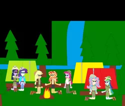 Size: 5784x4872 | Tagged: safe, artist:eli-j-brony, derpibooru import, applejack, fluttershy, pinkie pie, rainbow dash, rarity, sci-twi, sunset shimmer, twilight sparkle, equestria girls, campfire, camping, clothes, explorer outfit, food, hat, humane five, humane seven, humane six, marshmallow, mushroom, pith helmet, tents, waterfall