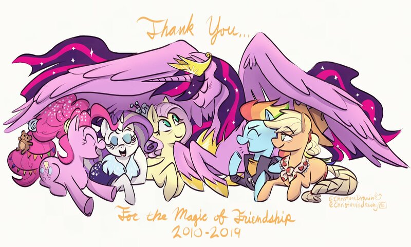 Size: 2039x1227 | Tagged: safe, artist:christinadrawin, artist:romaniz, derpibooru import, applejack, fluttershy, pinkie pie, princess twilight 2.0, rainbow dash, rarity, twilight sparkle, twilight sparkle (alicorn), alicorn, earth pony, pegasus, pony, unicorn, the last problem, end of ponies, mane six, no pupils, older, older applejack, older fluttershy, older mane six, older pinkie pie, older rainbow dash, older rarity, older twilight, text, thank you