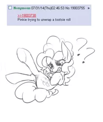 Size: 403x475 | Tagged: safe, anonymous artist, derpibooru import, pinkie pie, earth pony, pony, /mlp/, 4chan, anxiety, candy, confused, female, food, hoof hold, mare, monochrome, on back, question mark, solo